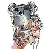 LAIRUIRUI Cute Case for iPhone 15 6.1'', 3D Cartoon case Silver Teddy Bear Sparkle Bling Cover with Metal Chain Strap Bell Pendant, Fashion Plating Soft TPU Shockproof for Women & Girls