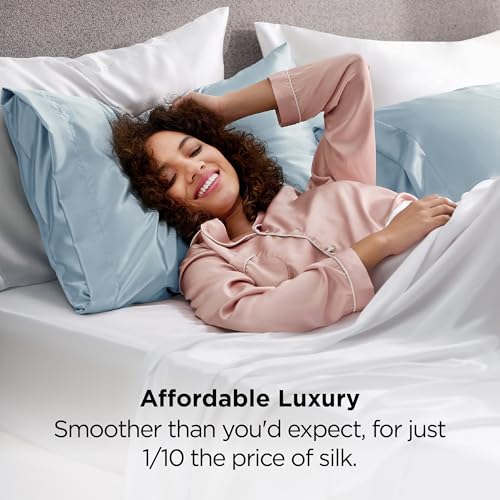 Image of Bedsure Satin Pillowcase 2 Pack Similar to Silk Pillow Cases Standard Size, Pillow Case for Sleeping Women with Envelope Closure, Gifts for Women Men, Stone Blue, 20x26 Inches, 2pcs