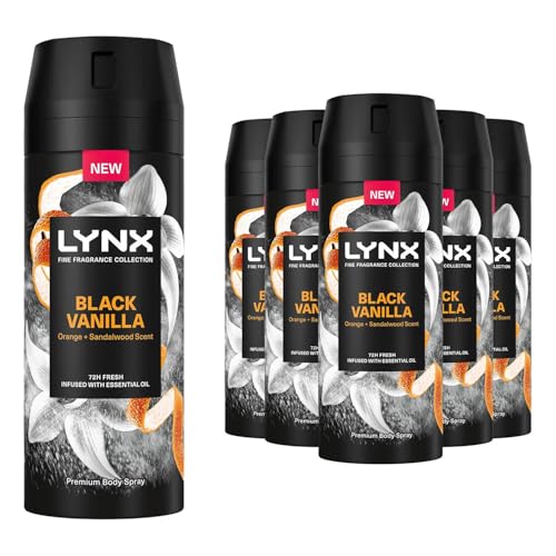 Lynx Fine Fragrance Collection 72 Hour Fresh Odour and Sweat Protection Premium Deodorant Body Spray Infused with Essential Oil for Men 150 ml 6 Pack (Black Vanilla)