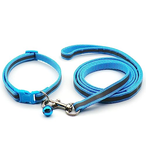 Small Dog Puppy Pet Collar and Lead Set Reflective Hi-Vis Strip Nylon Adjustable Size 19-32cm Collar with Bell and 120cm Leash Light Blue - Image 2