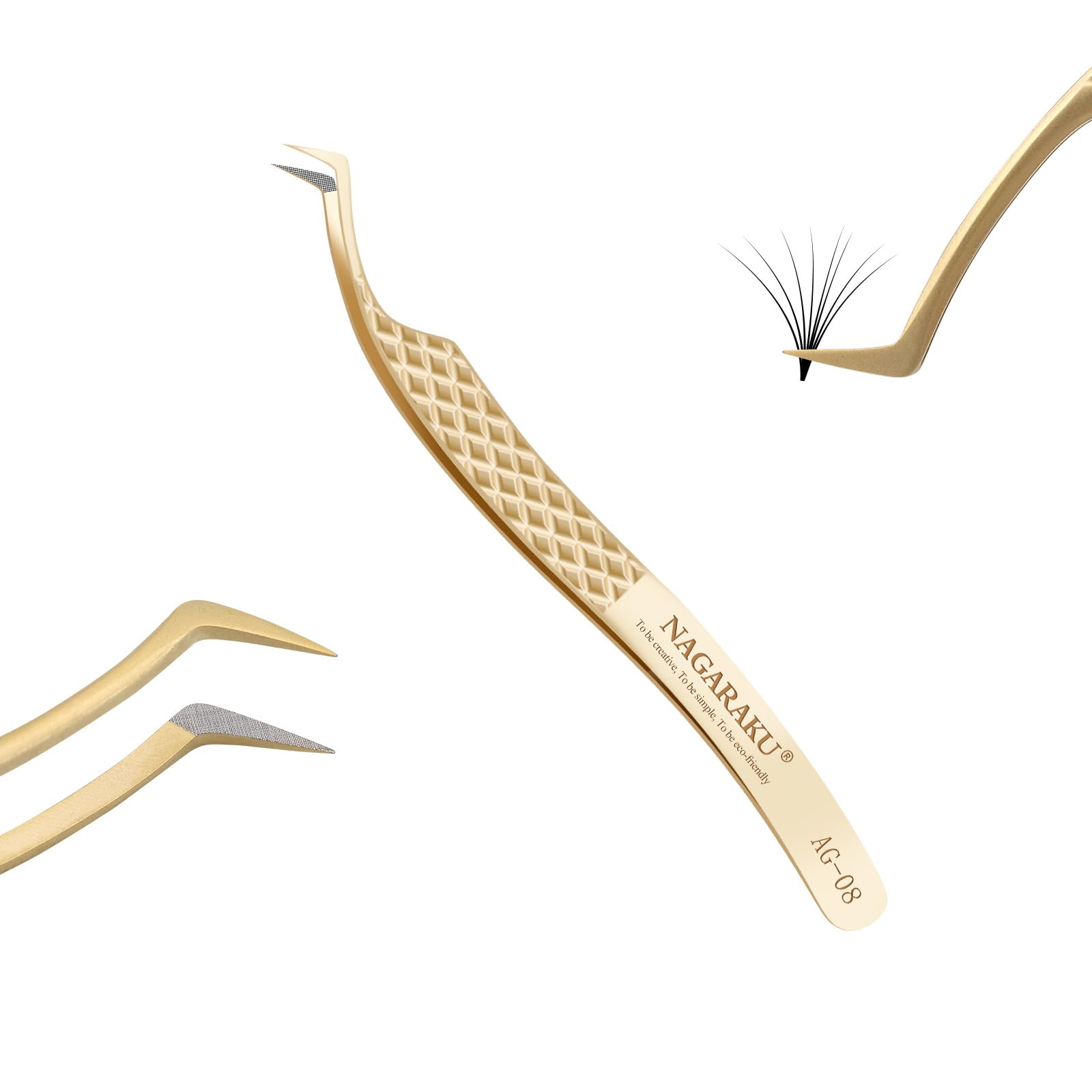 NAGARAKU Precision Fiber Tip Tweezer for Eyelash Extensions Diamond Grip Anti-Static Anti-Slip Premium Stainless Steel Pointed Volume Eyelashes Tweezers Supplies with Box(S Curved Tip Tweezer AG-08)