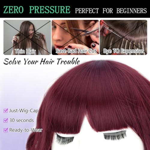 Image of AISI HAIR Purplish Red Synthetic Wavy Curly Bob Wig with Bangs Short Wavy Hair for Women Synthetic Heat Resistant Bob Wigs