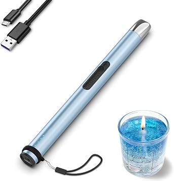 Candle Lighter, Electric Rechargeable USB Arc Windproof Flameless Plasma Lighter Long Stick with Rope and Ring, No Butane Fluid, Perfect for Candle BBQ Camping Kitchen Stove, Blue
