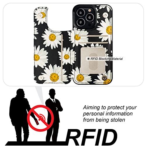 Image of HAOPINSH for iPhone 13 Pro Case Wallet with Card Holder, Daisy Florals Pattern Back Flip Folio PU Leather Kickstand Card Slots Case for Women Girls, Double Magnetic Clasp Shockproof Cover 6.1 inch