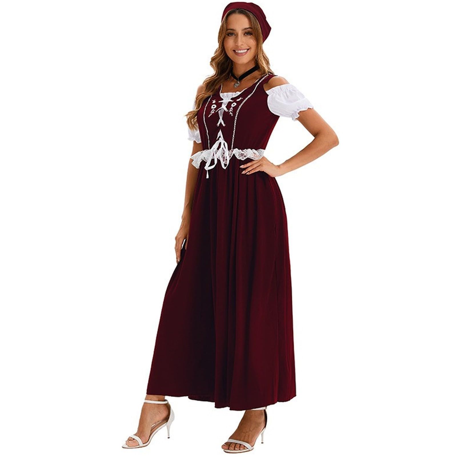 Dirndl Lang Damen Festlich Maxi Dirndl-Komplettsets Trachtenkleid Damen Lang Set Ohne Schürze Oktoberfest Outfit Frauen Kleider mit Spitze Dirndlkleid inkl. Dirndlbluse und Kopftuch
