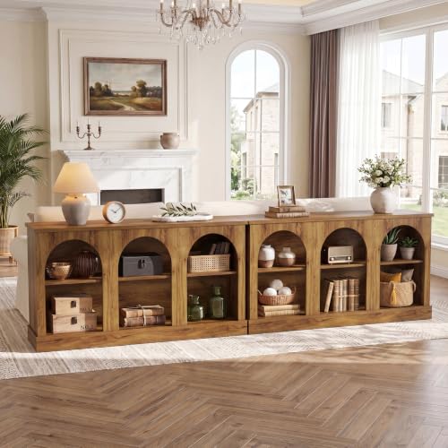 Image of Tribesigns Farmhouse Console Table Set of 2, Extra Long Entryway Table with 3 Tier Storage, Wooden Rectangular Sofa Table Behind The Couch for Entrance, Hallway, Living Room Natural Wood