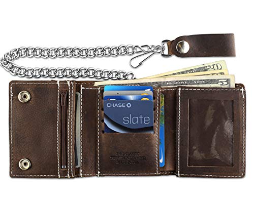 Image of RFID Blocking Men's Tri-fold Vintage Biker Cowhide Leather Steel Chain Wallet,Snap closure, Made In USA,Antique crazy horse brown,dc315