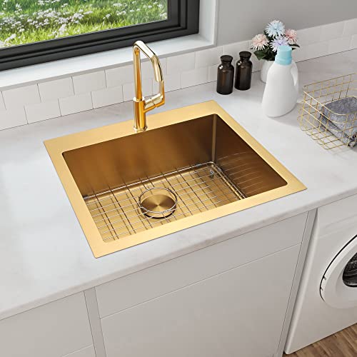 Image of Gold Drop In Kitchen Sink 25 inch X 22 inch, 25 Inch Top Mount 16 Guage T-304S Stainless Steel Kitchen Sinks, 10 Inch Deep Single Bowl laundry Sink with Accessories
