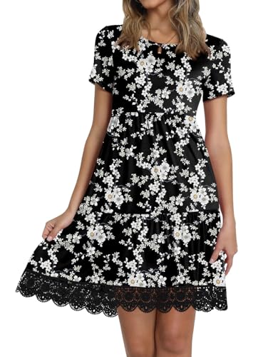 Image of TAOHUADAO Women's Summer Casual Tshirt Dresses Short Sleeve Ruffle Swing Lace Hem Dress with Pockets