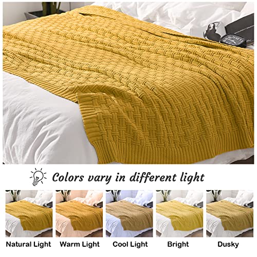 Image of TREELY 100% Cotton Knitted Throw Blanket 50 x 60 Inches, Mustard Yellow