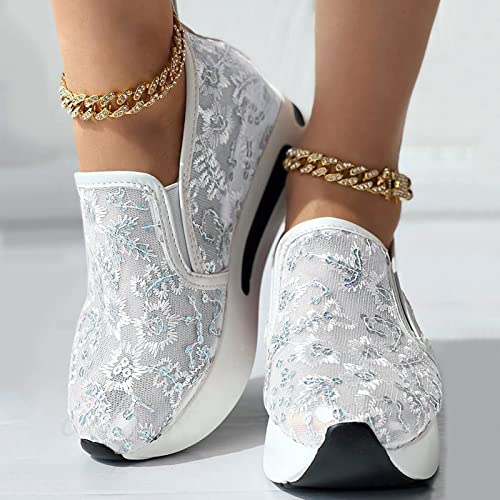 Ohxixhia Wedge Floral Walking Shoes Embroidery Floral Mesh Lace Chunky Sneakers Slip On Arch Support Shoes Fashion Sneakers2