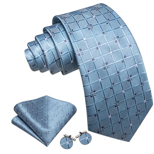 Image of YOHOWA Men Plaid /Striped Ties Set Silk Business Wedding Formal Fashion Necktie and Pocket Square Cufflinks Set