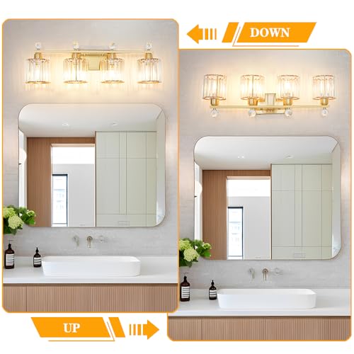 Image of Modern Crystal Bathroom Vanity Light, 4-Lights Bathroom Light Fixtures, Brass Gold Vanity Lighting Fixtures Over Mirror, Brushed Wall Sconce Light for Bedroom, Kitchen, Living Room, Gallery, E26 Base