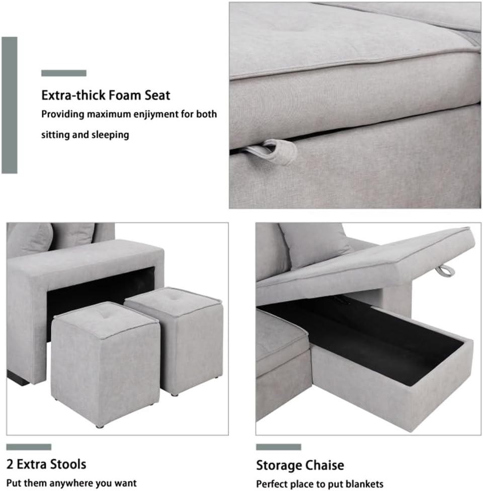 104" Pull Out Sleeper Sofa Reversible L-Shape 3 Seat Sectional Couch with Storage Chaise and 2 Stools