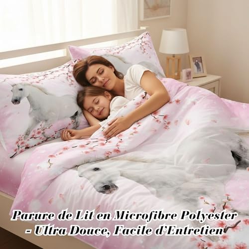 Housse de couette fille et femme cadeau idéal thème cheval et fleurs roses