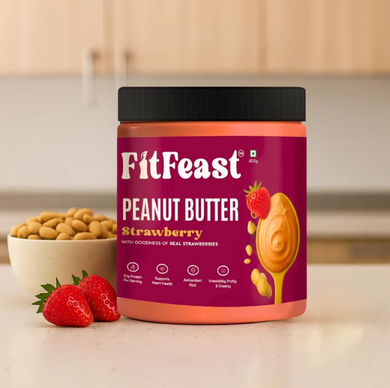 Image of FitFeast Peanut Butter | 400g Each | Pack of 1 | No Trans Fats | No Cholesterol | Sweetened with Honey | Antioxidant-Rich | As Seen on Shark Tank (Pack of 1, Strawberry)