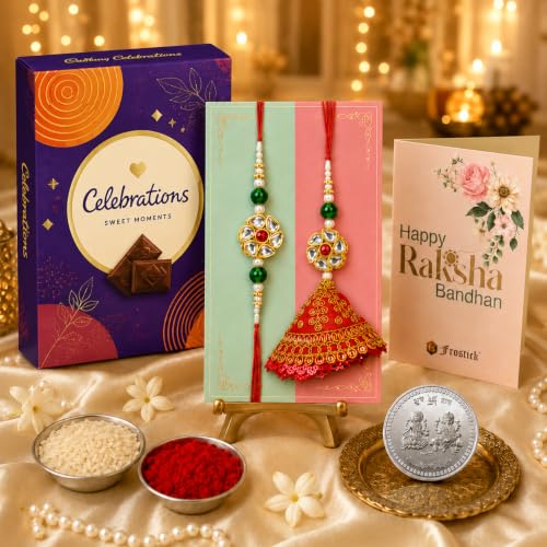 Image of Frostick Rakhi Set Bhaiya Bhabhi Raksha Bandhan Gift Combo Flower Design with Small Celebrations Chocolate, Roli, Chawal, Greeting Card & Gift Box (Design 2 Rakhi)