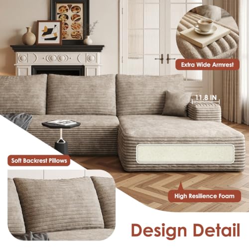 Image of Boneless Couch, Modular Sectional Couches for Living Room, U-Shaped Cloud Couch Sofa with Deep Seat, Fluffy Corduroy Upholstered Corner Sofa