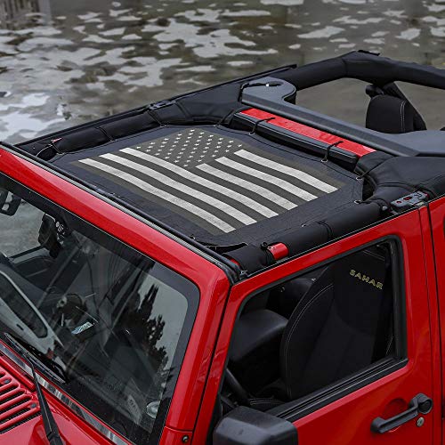 JeCar for Jeep JK Sunshade Mesh Top Mesh Top Sun Shade JK Front Sunshade UV Protection for 2007-2018 Jeep Wrangler JK 2Door and 4 Doors, American Flag