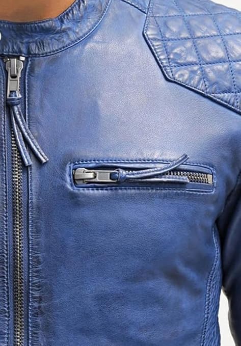 Men Blue Leather Jacket - Striped Waxed Biker Motorcycle Sheepskin Leather Jacket4