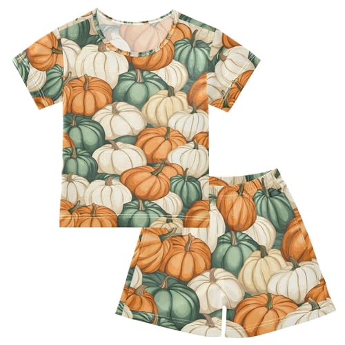 ALAZA Orange Green Pumpkin Pajamas Set Short Sleeve Cotton Sleepwear Summer Pjs 2 Piece 5-14Y