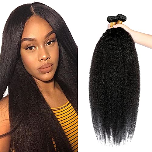 Yaki Straight Human Hair Bundles Brazilian Kinky Straight Bunldes Human Hair Unprocessed Virgin Hair 3 Bundles 14 16 18 Inch Remy Hair Extensions Natural Black Color