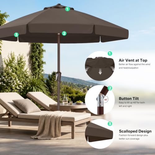 Image of ABCCANOPY 7.5ft Scalloped Patio Umbrella, Outdoor Table Umbrella with Tilt and Crank, Fiberglass Ribs Deck Umbrella for Patio, Pool, Garden, Picnic (Brown)