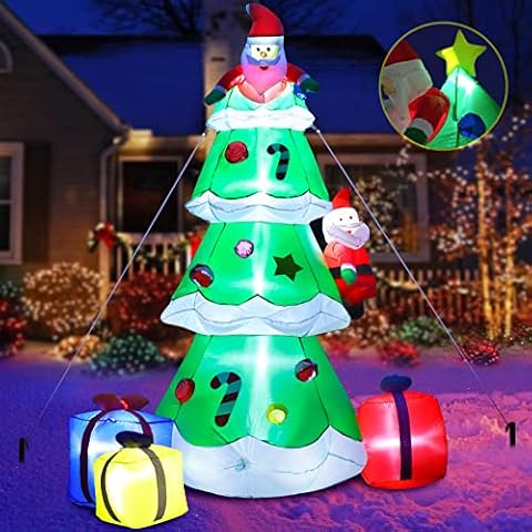 FirstE 7 FT Christmas Inflatables Tree Outdoor Decorations, LED Light Up Inflatable Christmas Tree with 3 Wrapped Gift Boxes&Santa Claus, Blow up Christmas Tree Yard Decor for Xmas Holiday Party Lawn Cover