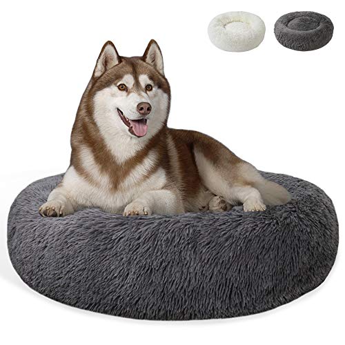 JOJEPET Calming Dog Bed Cat Bed Plush Donut - Faux Fur Pet Bed Self-Warming Donut for Small Medium Large Dogs and Cats (28-in, Grey)