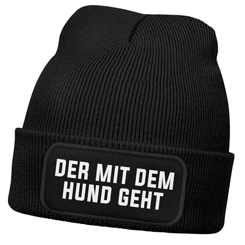 MoonWorks® Herren Beanie Strickmütze mit Patch Spruch Der mit dem Hund geht Aufdruck Lustig Mütze Männer Schwarz Unisize