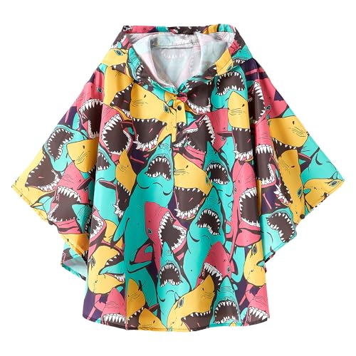 QIKADO Kinder Regenmantel Mädchen Rains Wasserdichter Poncho Fahrrad Regencape Cap Ärmeln mit Knopfverschlüsse Großmaulhai/L