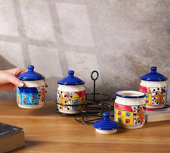 Image of Niyara Handcrafted Ceramic Pickle Jar Set, Premium Metal Tray, Spoons & Lids - Multipurpose Storage for Pickles, Chutneys, Spices & Condiments (Set of 4, 300ML /Each) (blue Home Design)