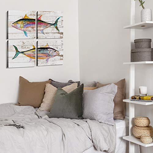 Fish Wall Art Nautical Decor Farmhouse Beach House Bathroom Decor Coastal Fish Pictures Vintage Ocean Decor Colorful Tuna Fish Canvas Poster For Bedroom Living Room Kitchen Home Decoration 12X12" 4 Piece #TOP6