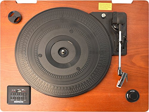 HOFEINZ Vintage Style Natural Wood Belt Driven Turntable with 3 Speed Built in Stereo Speakers, Bluetooth and Vinyl-to-MP3 Recording