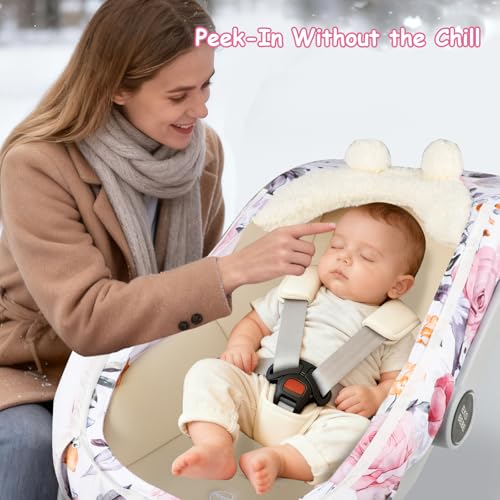 Image of Pea Pod Winter Car Seat Cover for Baby, Infant Car Seat Canopies Cover for Newborn, Warm Plush Fleece Inner Protect Baby from Cold Wind, Stylish Floral