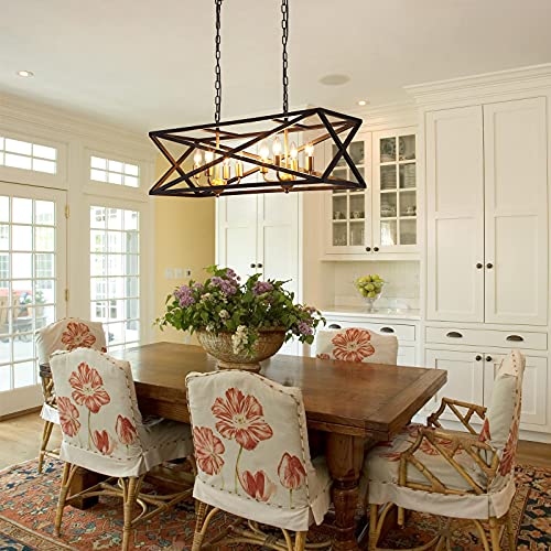 Large Modern Farmhouse Chandelier 8-Lights Black and Gold Industrial Metal Chandelier Light Fixtures for Dining Room Rectangular Linear Kitchen Island Lights UL Listed