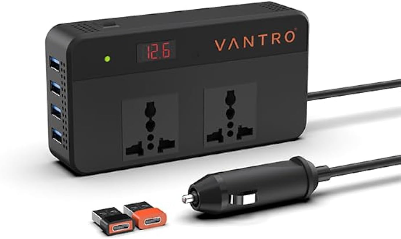 Vantro 200W Car Power Inverter/Laptop Charger with 4 USB Ports & 2 AC Outlets and 12V DC to 220V AC with QC3.0 Advance Technology & Digital Display- 18 Months Warranty
