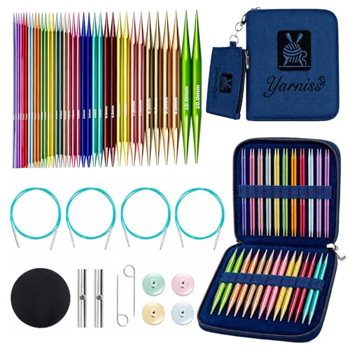 Image of Yarniss 18 Pairs Circular Knitting Needles Set US Sizes 0-15, Aluminum Interchangeable Knitting Needles Kit with 4 Free-Memory Swivel Cables and Storage Case