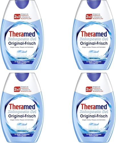 Theramed Pasta de dientes 2 en 1 original, pasta dental con flúor, refresca el aliento y protege los dientes, paquete múltiple de pasta de dientes de 75 ml (paquete de 4)