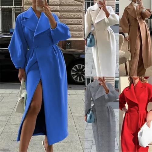 Women's Long Trench Coat Long Sleeve Large Lapel Solid Color Casual Double Breasted Overcoat3