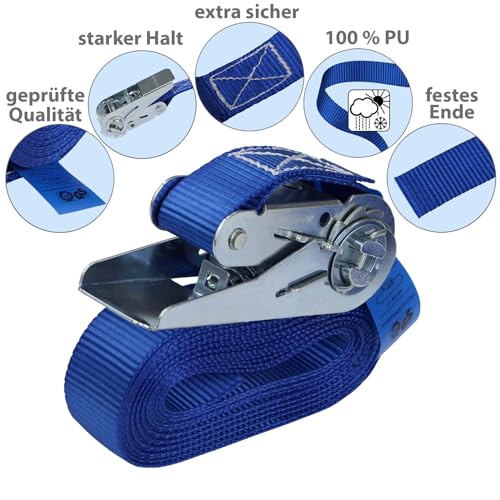 Spanngurt mit Ratsche Zurrgurt 4er Set Ratschengurt DIN EN 12195-2 blau 4 m oder 6 m, 25 mm breit - belastbar bis 800 kg, 4er Pack 2.5 cm x 4 m