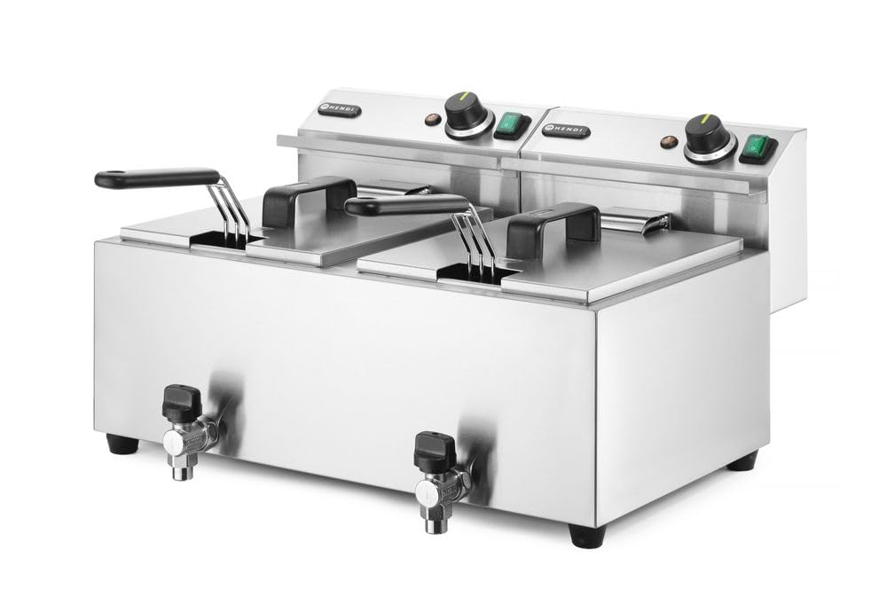 HENDI Freidora eléctrica, T ajustable hasta 195°C, termostato de seguridad, zona fría, con tapa y cesta de freír, con grifo de drenaje, 2x8L, 230V, 2x3500W, 605x515x(H)345mm, acero inoxidable 18/0
