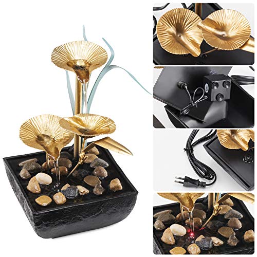 Tabletop Fountains Indoor Lotus Leaf Relaxation Fountains Tabletop Waterfall Decoration Fountain for Office Home Décor Includes Many Natural River Rocks and Colorful Scene Light