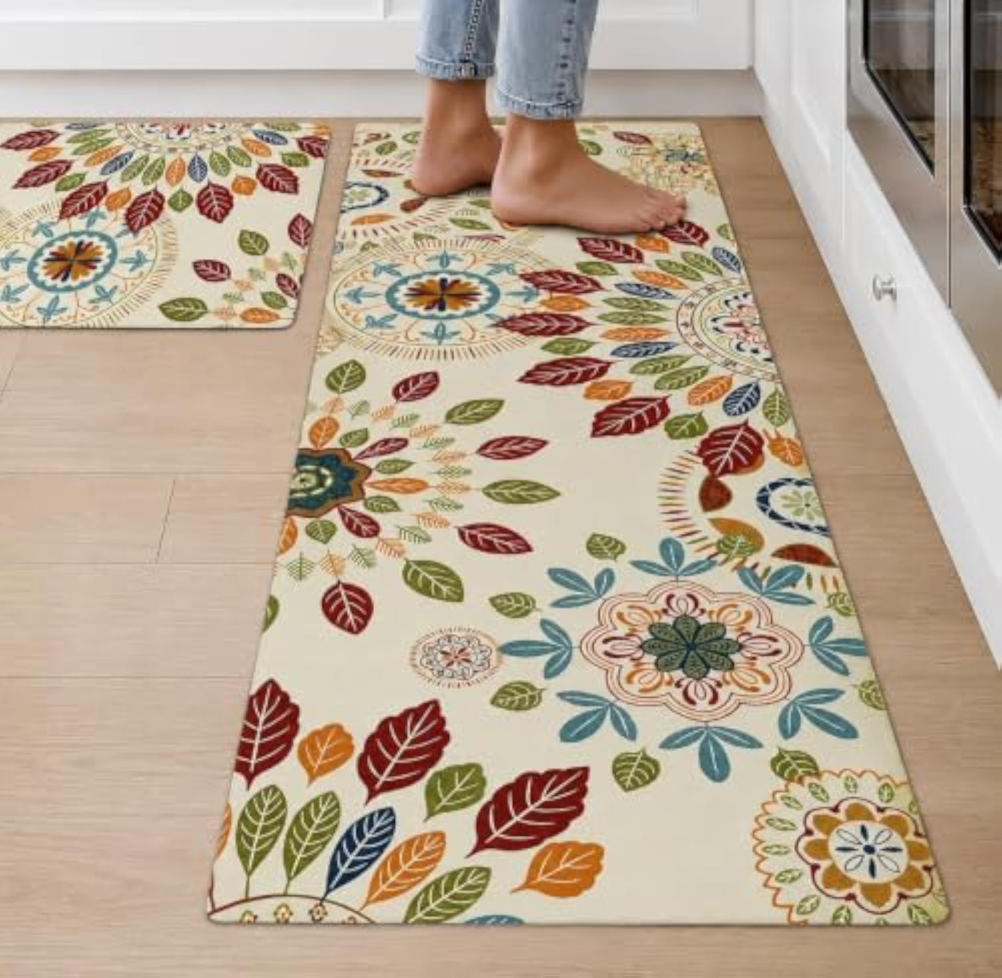 Boho Floral Leaf Mandala Kitchen Mat Set, Cushioned Anti Fatigue Rugs
