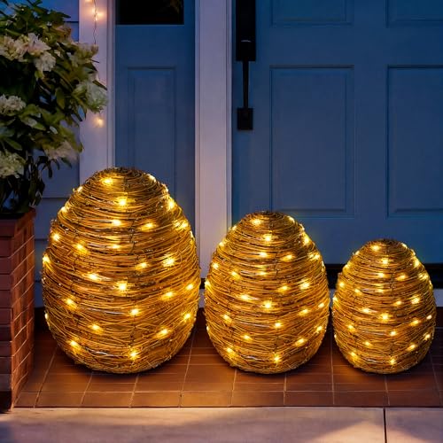 Geelin 3 Pcs Easter Decorations Rattan Egg Outdoor Lighted Wicker Porch Party Ornaments Handwoven Fake Rustic Twig Egg with Warm White Waterproof LED Light for Indoor Outdoor Spring Garden Yard Patio by Geelin - Image 8
