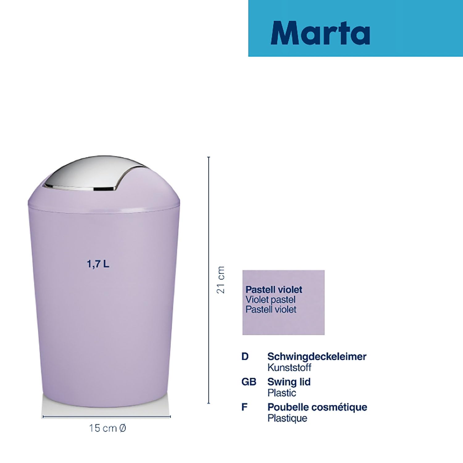 kela Kosz na kosmetyki fioletowy 1,7 l, minikosz na śmieci łazienkowy z uchylną pokrywą, tworzywo sztuczne, MARTA, mały stołowy kosz na śmieci, pastelowy fioletowy matowy
