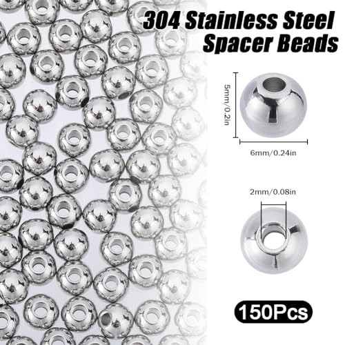 SUNNYCLUE 1 Box 150Pcs Metal Spacer Beads 6mm Stainless Steel Beads Bulk Seamless Loose 2mm Hole Ball Bulk Small Rondelle for Jewellery Making Beading Kits DIY Necklace Bracelet Craft - Image 2