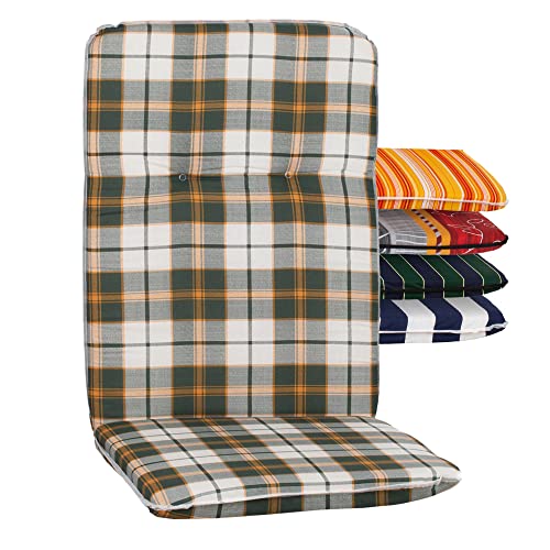 Beo Hochlehner Auflagen Waschbar Bali | Made in EU nach Öko-Tex Standard | Atmungsaktive Gartenstuhlauflagen Hochlehner mit Halteband | UV-beständige Auflagen Hochlehner in Beige-Grün Kariert