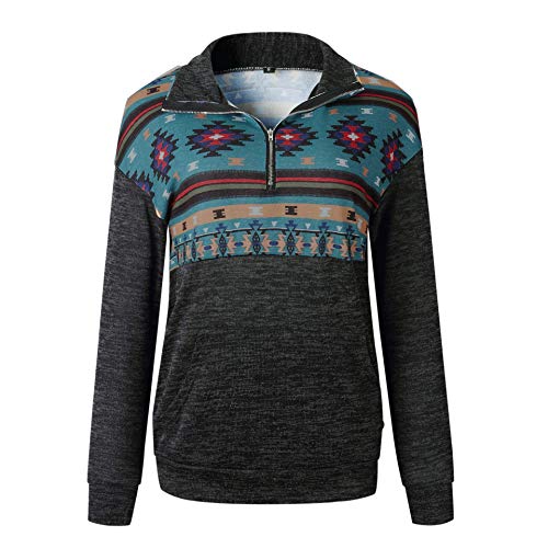 Voopptaw Women's Aztec Print Pullover Tops Long Sleeve Lapel Zip Up Sweatshirt Hoodie With Kangaroo Pocket Blue Medium #TOP2