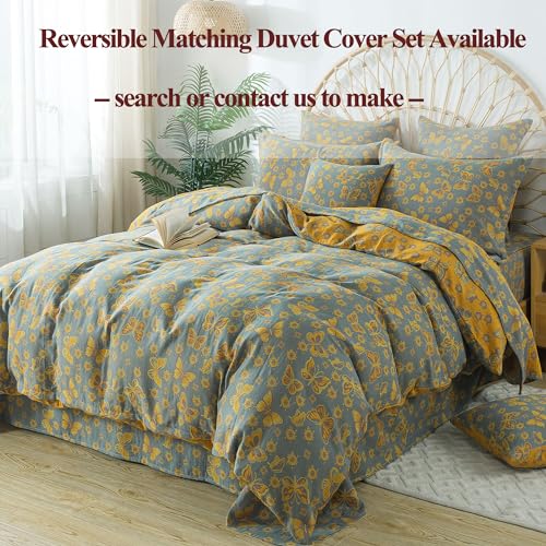 Image of FADFAY Butterfly Sheets Set King Vintage Yellow Grey Floral Bedding Shabby Farmhouse Bedding Super Soft Washed Double -Layer Muslin Sheets 100% Cotton Deep Pocket Fitted Sheet 4Pcs, King Size